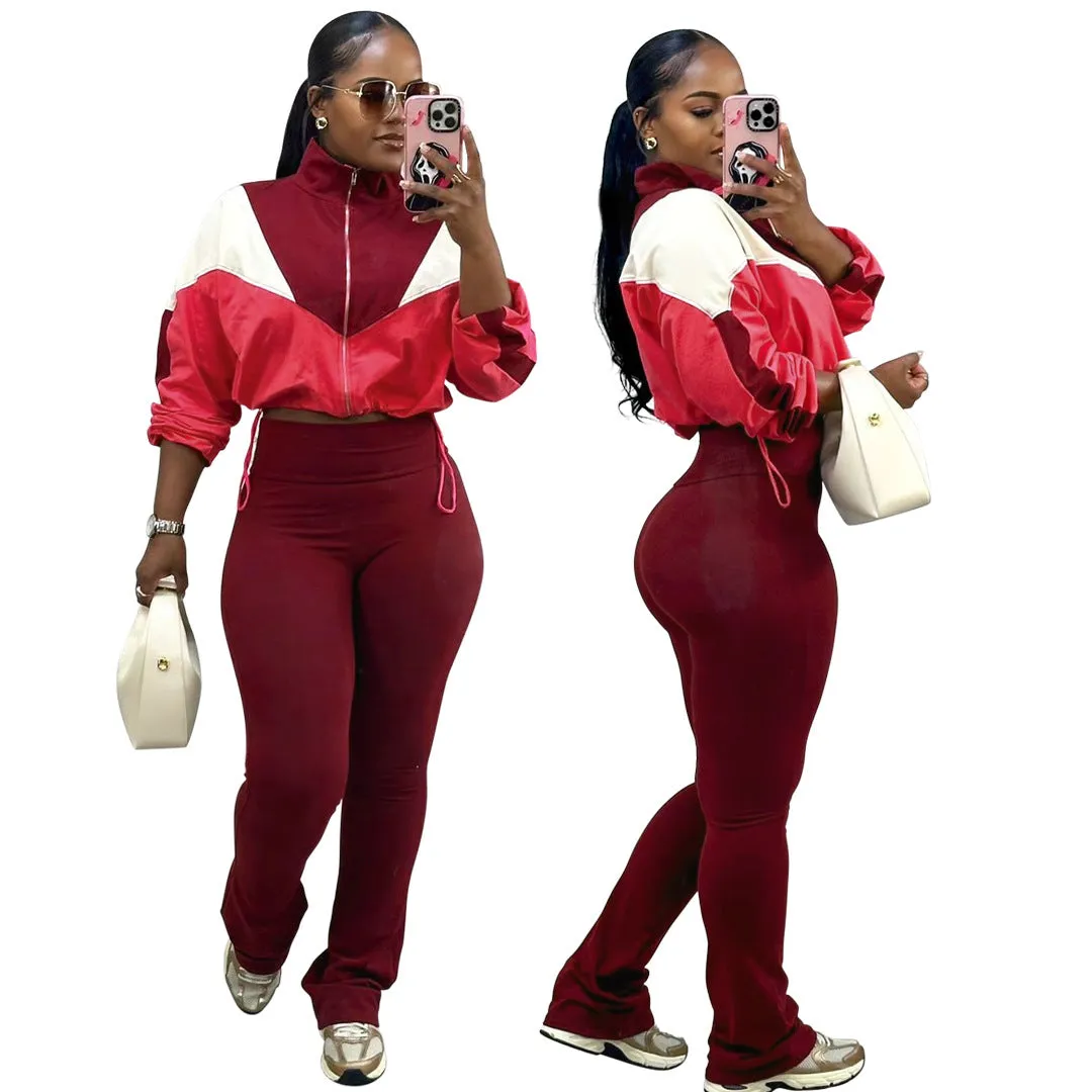 Vibrant Contrast Color Long Sleeve Track Top and Fitted Pants Set