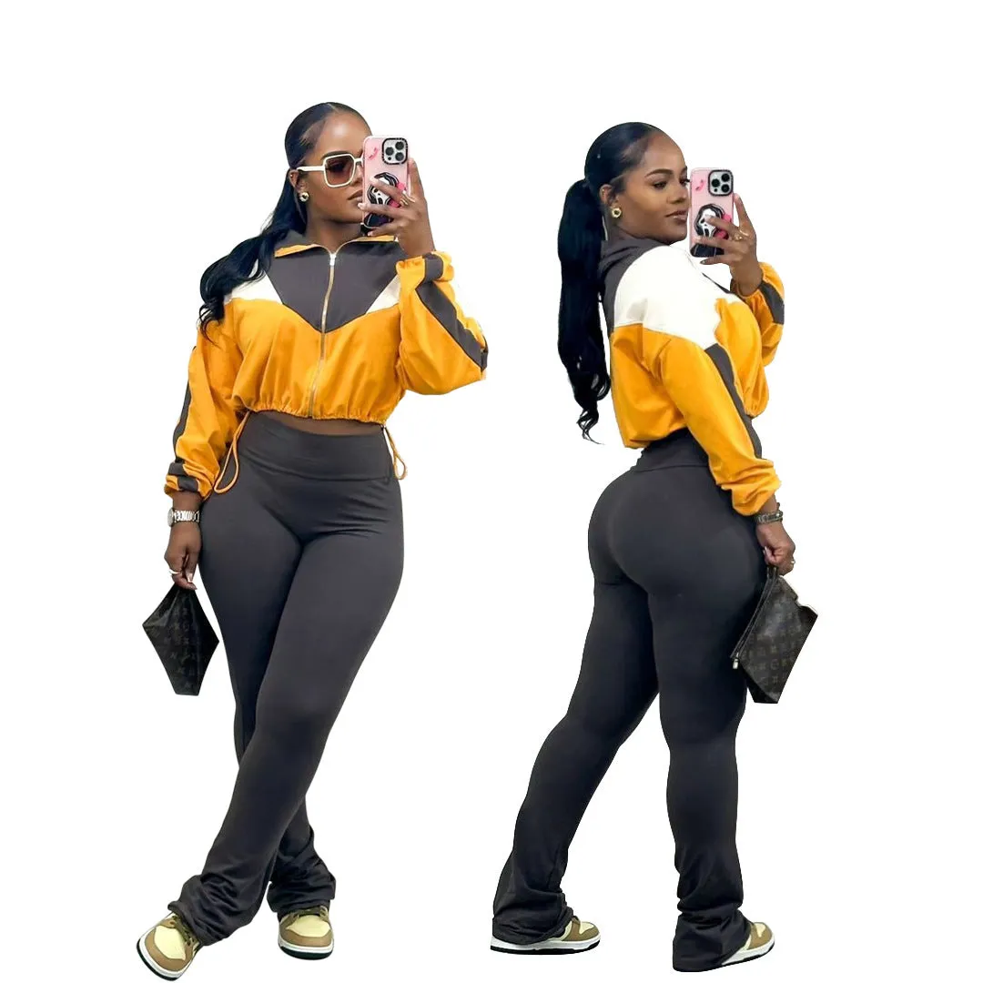 Vibrant Contrast Color Long Sleeve Track Top and Fitted Pants Set