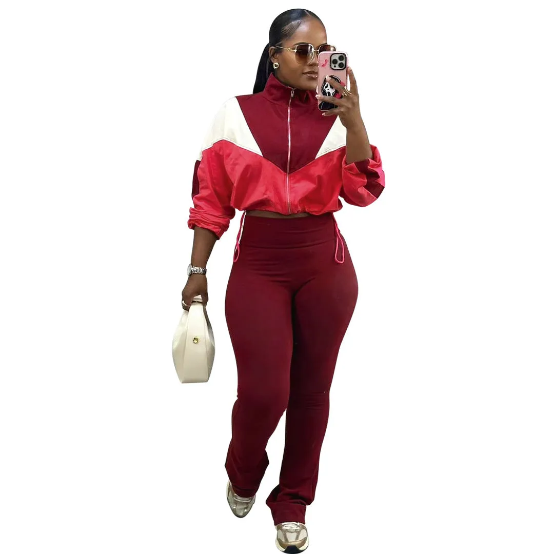 Vibrant Contrast Color Long Sleeve Track Top and Fitted Pants Set