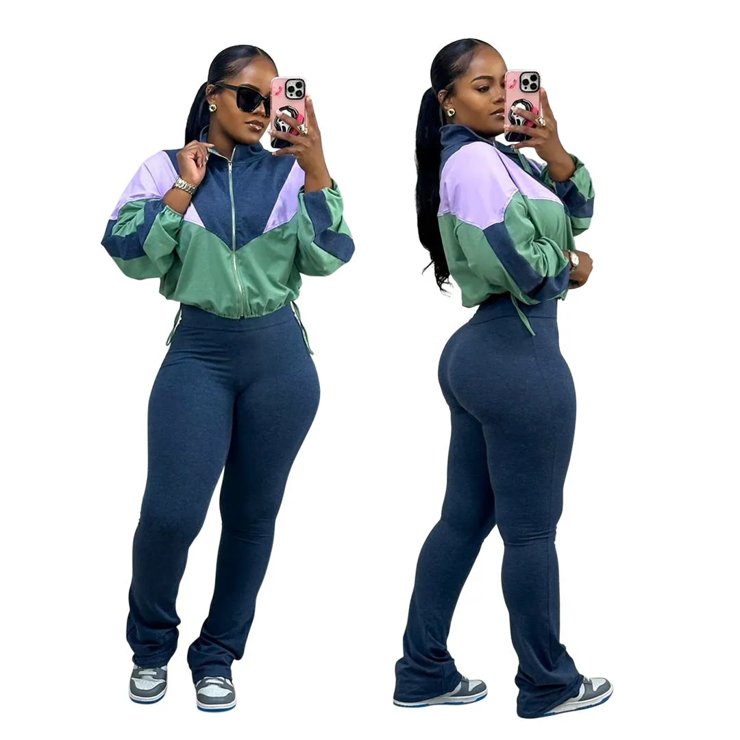 Vibrant Contrast Color Long Sleeve Track Top and Fitted Pants Set