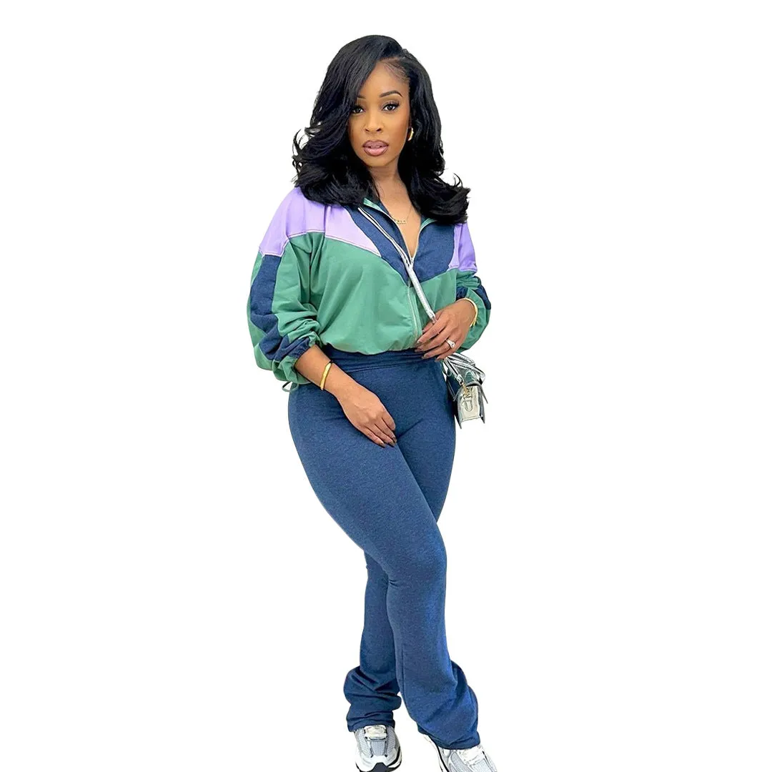 Vibrant Contrast Color Long Sleeve Track Top and Fitted Pants Set