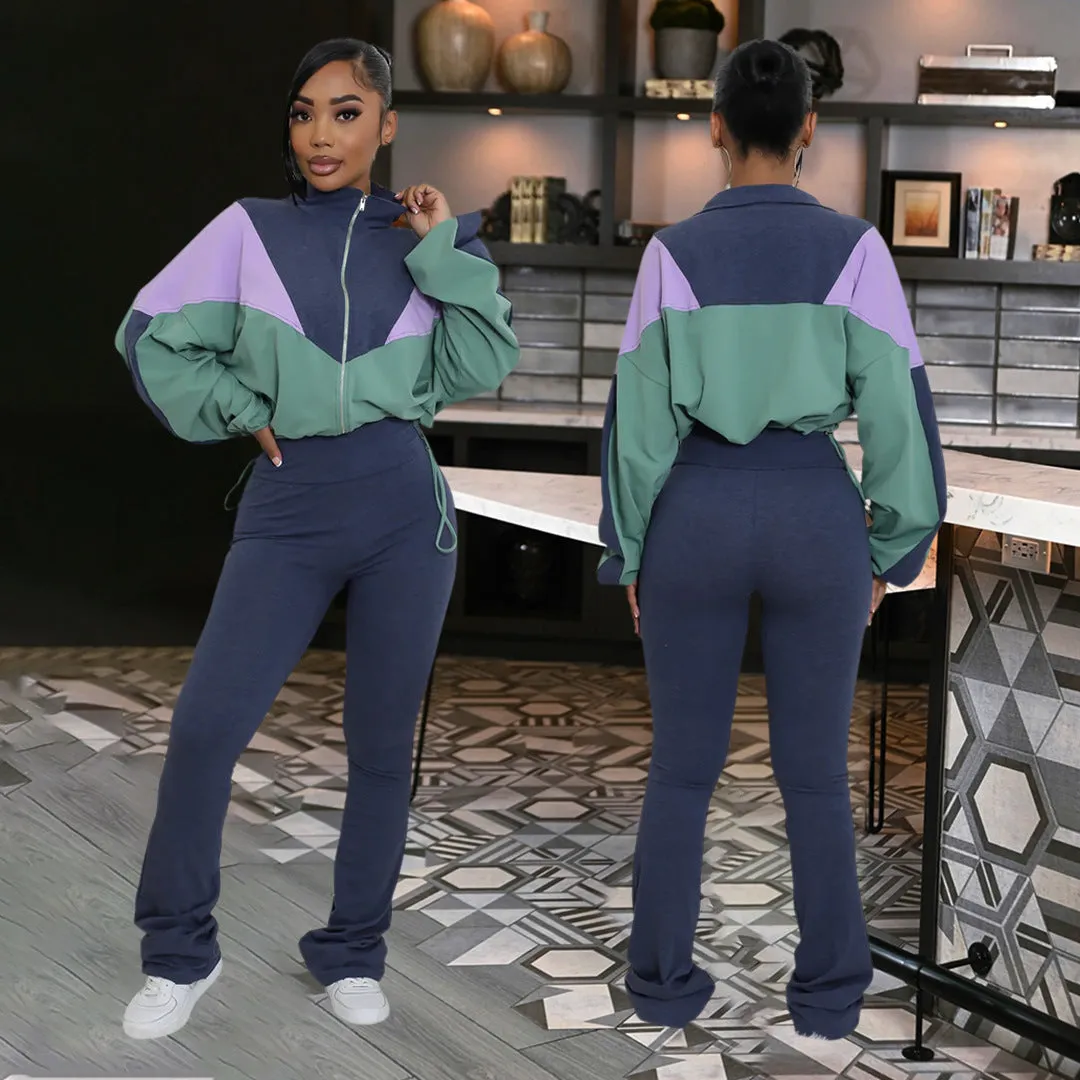 Vibrant Contrast Color Long Sleeve Track Top and Fitted Pants Set