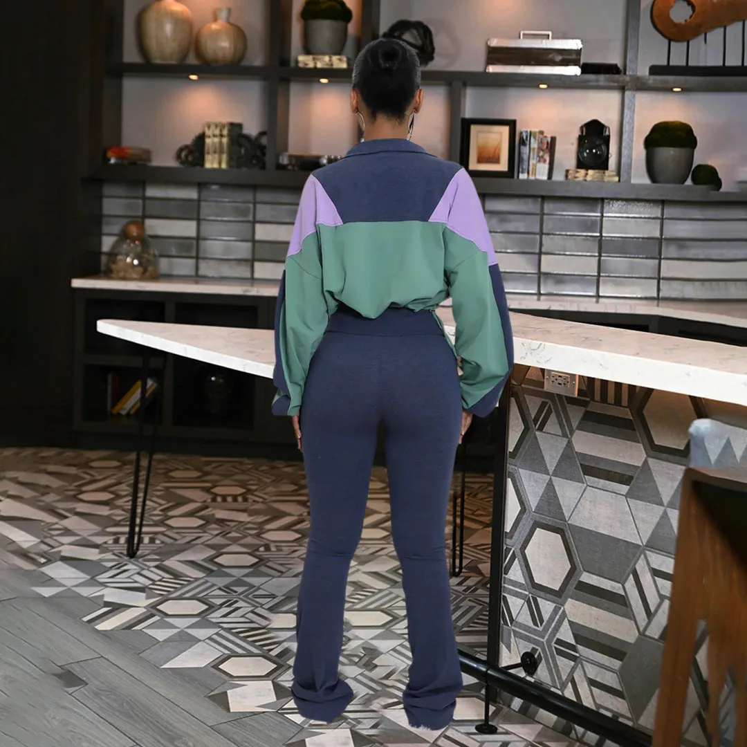 Vibrant Contrast Color Long Sleeve Track Top and Fitted Pants Set