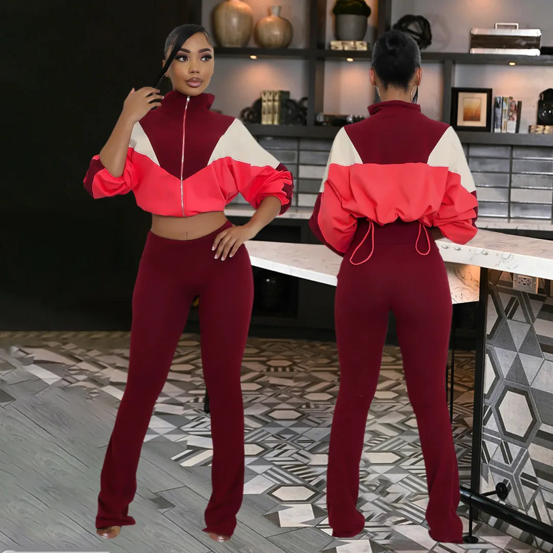 Vibrant Contrast Color Long Sleeve Track Top and Fitted Pants Set