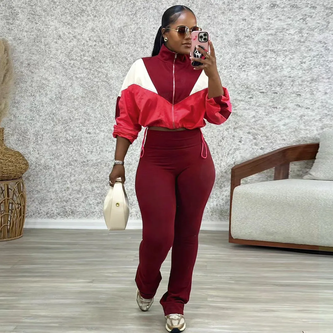 Vibrant Contrast Color Long Sleeve Track Top and Fitted Pants Set