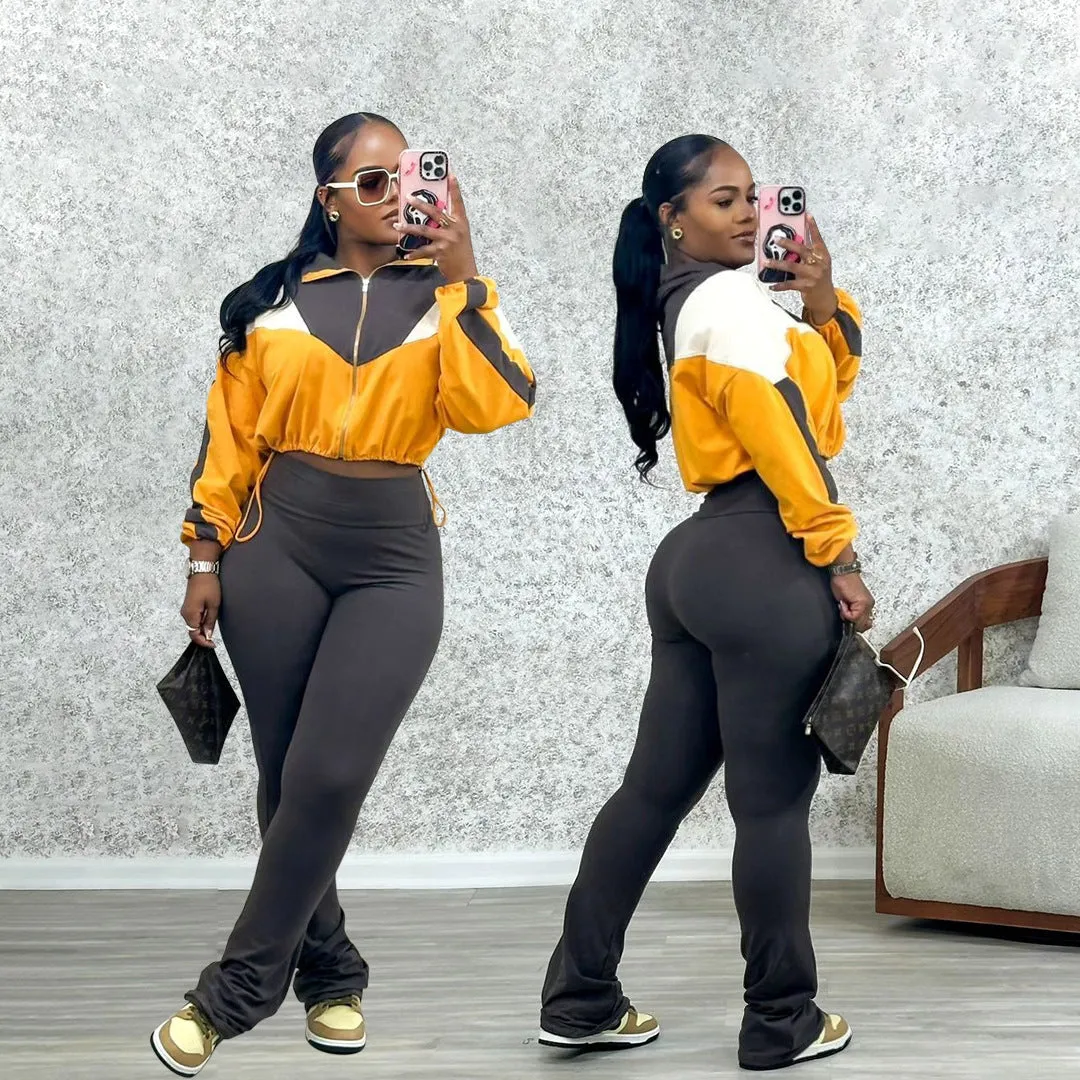 Vibrant Contrast Color Long Sleeve Track Top and Fitted Pants Set