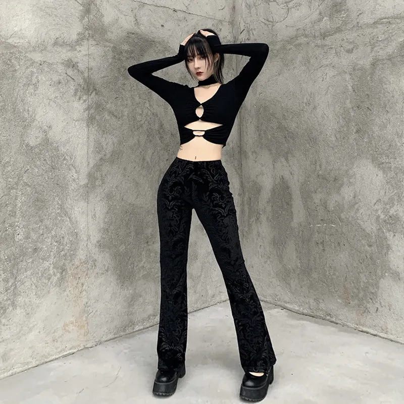 Vintage-Inspired High-Waisted Velvet Bell Bottom Pants