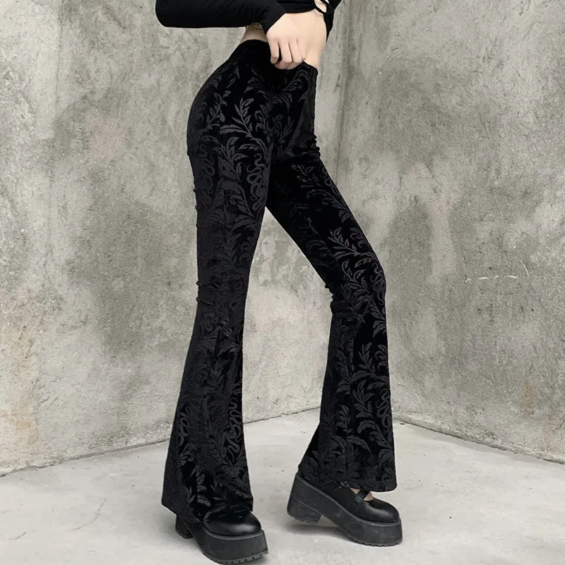 Vintage-Inspired High-Waisted Velvet Bell Bottom Pants