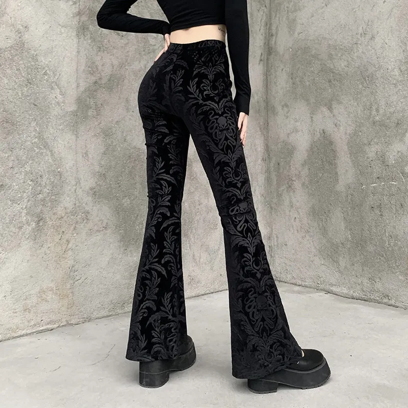Vintage-Inspired High-Waisted Velvet Bell Bottom Pants