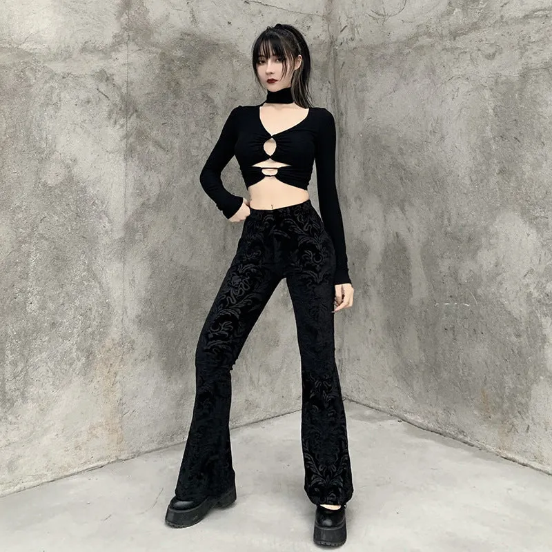 Vintage-Inspired High-Waisted Velvet Bell Bottom Pants