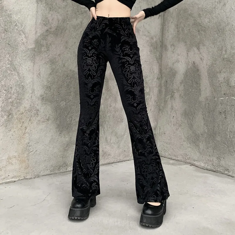 Vintage-Inspired High-Waisted Velvet Bell Bottom Pants