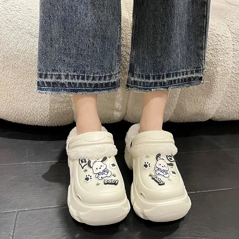 Winter Women's Closed Toe Plus Velvet Platform Slippers Keep Warm Increase Height Casual Clogs Shoes for Women Home Cotton Shoes