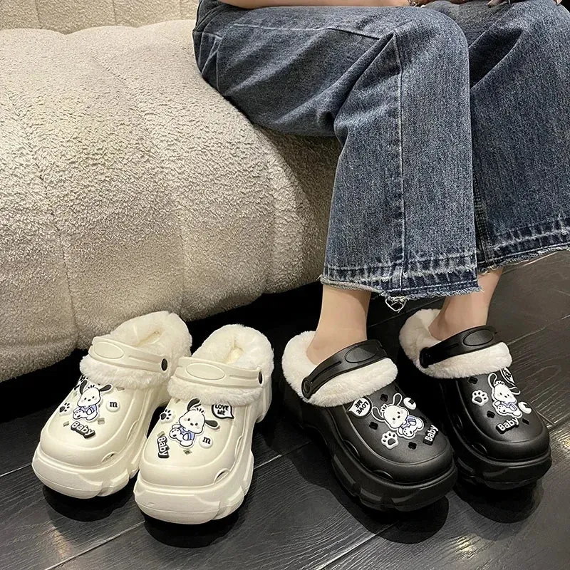 Winter Women's Closed Toe Plus Velvet Platform Slippers Keep Warm Increase Height Casual Clogs Shoes for Women Home Cotton Shoes
