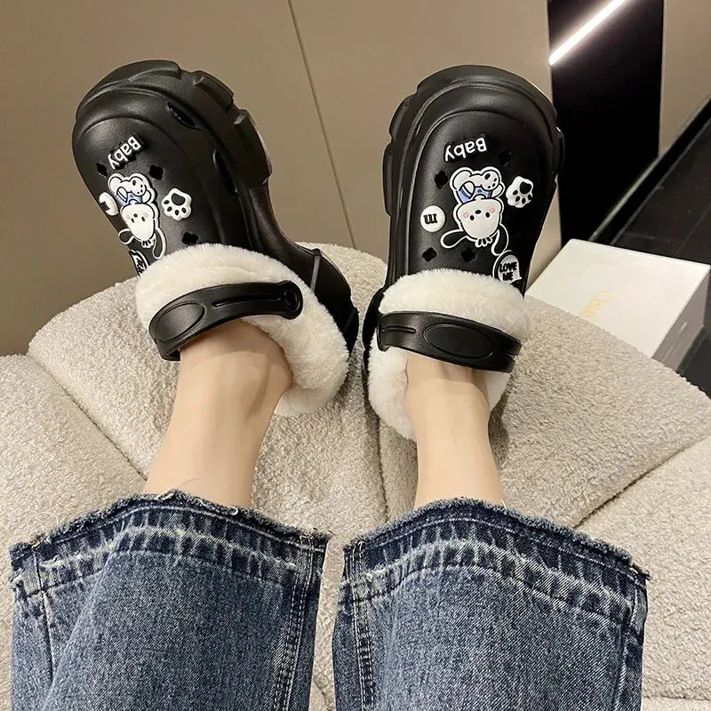 Winter Women's Closed Toe Plus Velvet Platform Slippers Keep Warm Increase Height Casual Clogs Shoes for Women Home Cotton Shoes