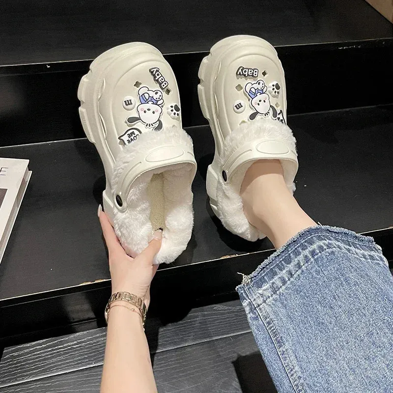 Winter Women's Closed Toe Plus Velvet Platform Slippers Keep Warm Increase Height Casual Clogs Shoes for Women Home Cotton Shoes