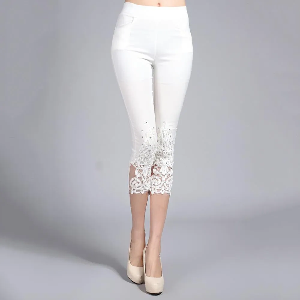 Women Lace Pants Crochet Rhinestone Skinny Stretch Cropped Leggings Trousers Capris Pants 5188