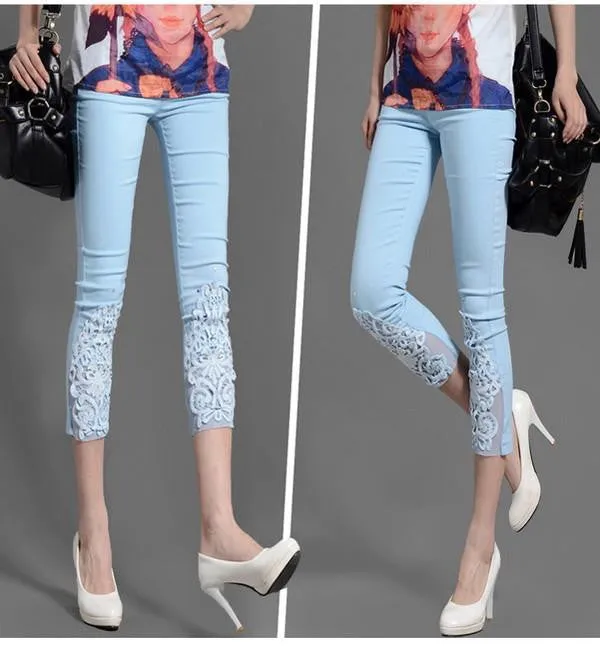 Women Lace Pants Crochet Rhinestone Skinny Stretch Cropped Leggings Trousers Capris Pants 5188