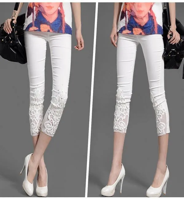 Women Lace Pants Crochet Rhinestone Skinny Stretch Cropped Leggings Trousers Capris Pants 5188