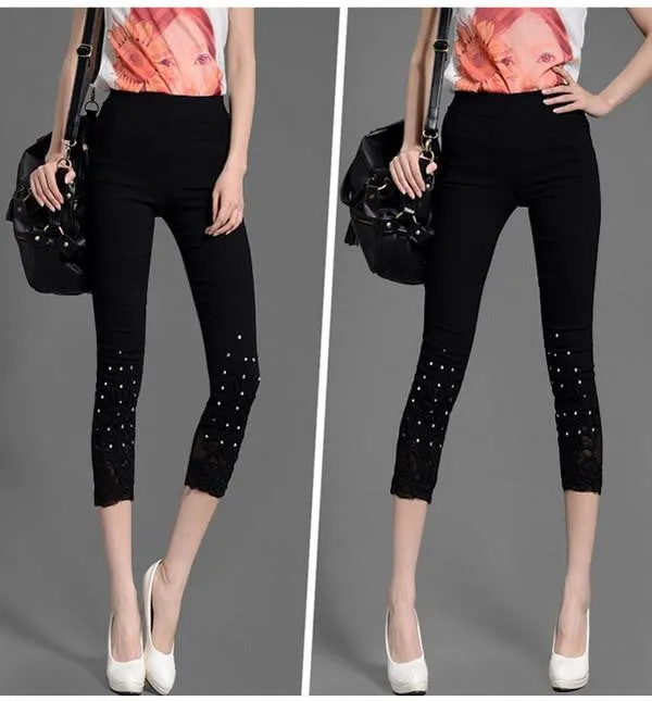 Women Lace Pants Crochet Rhinestone Skinny Stretch Cropped Leggings Trousers Capris Pants 5188