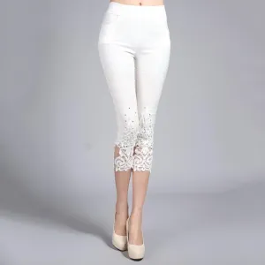 Women Lace Pants Crochet Rhinestone Skinny Stretch Cropped Leggings Trousers Capris Pants 5188