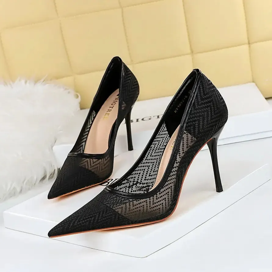 Women Pumps Luxury Mesh Lace Pointed-toe Shoes Wrap-toe Shallow High Heel Pumps For Ladies Annual Meeting Nightclub Shoes