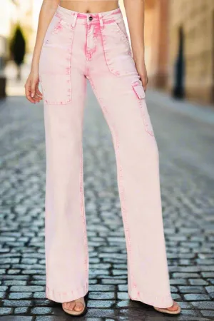 Women's Acid Pink High Rise Cargo Pocket Jeans by RISEN | Full Size Fashionable Denim