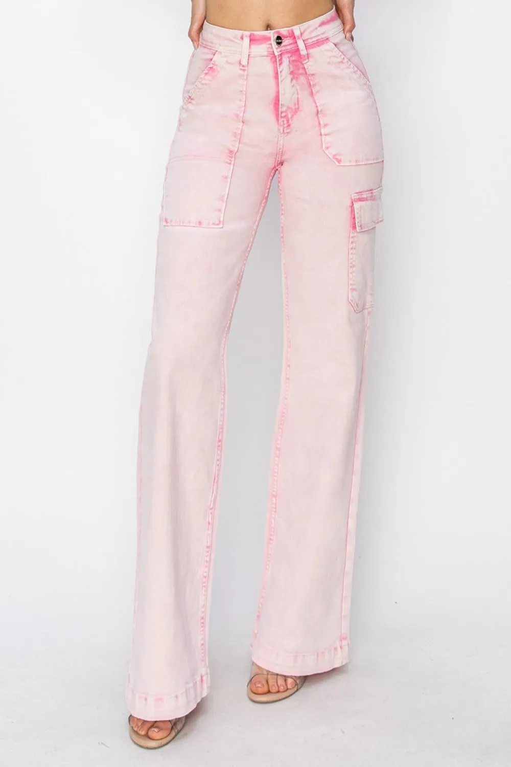 Women's Acid Pink High Rise Cargo Pocket Jeans by RISEN | Full Size Fashionable Denim