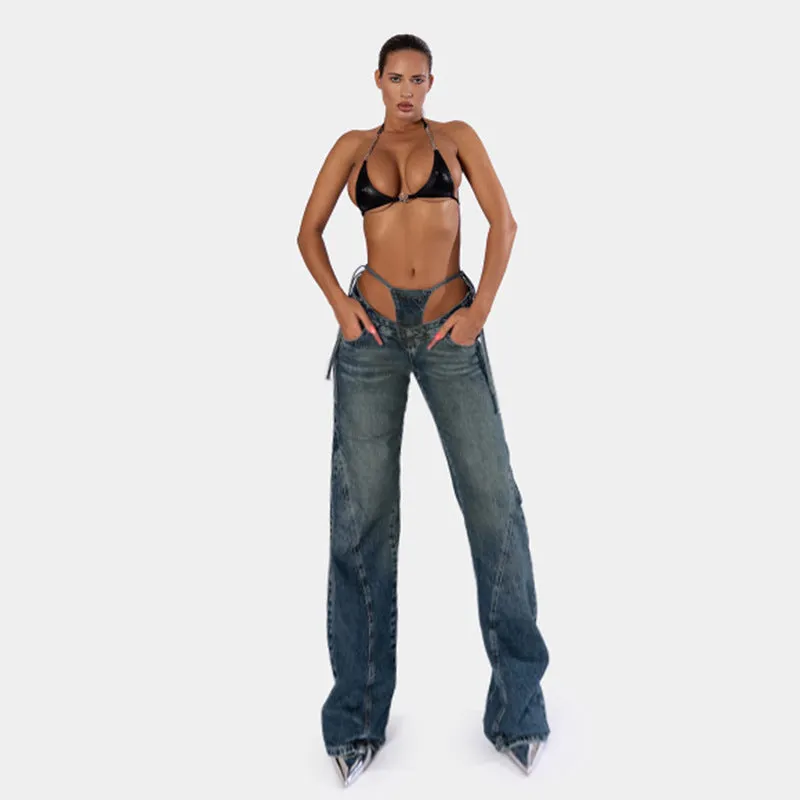 Women's High-Waisted Jeans with V-Shaped Straps, Design Sense, Loose Straight Tube, Versatile. C-241029-1