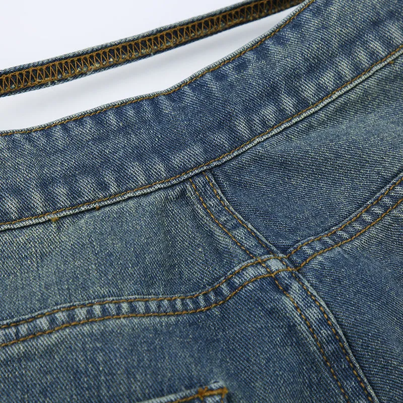 Women's High-Waisted Jeans with V-Shaped Straps, Design Sense, Loose Straight Tube, Versatile. C-241029-1
