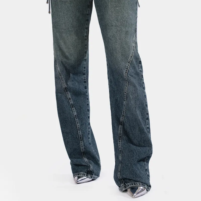 Women's High-Waisted Jeans with V-Shaped Straps, Design Sense, Loose Straight Tube, Versatile. C-241029-1