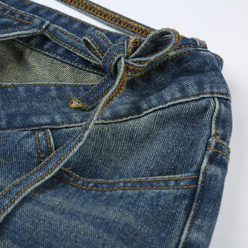 Women's High-Waisted Jeans with V-Shaped Straps, Design Sense, Loose Straight Tube, Versatile. C-241029-1