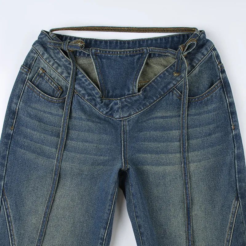 Women's High-Waisted Jeans with V-Shaped Straps, Design Sense, Loose Straight Tube, Versatile. C-241029-1