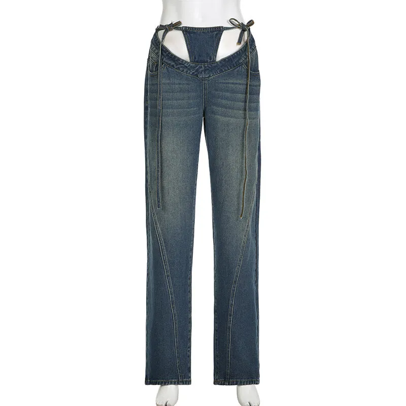 Women's High-Waisted Jeans with V-Shaped Straps, Design Sense, Loose Straight Tube, Versatile. C-241029-1