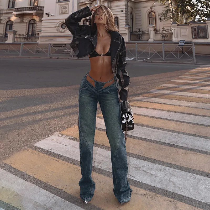 Women's High-Waisted Jeans with V-Shaped Straps, Design Sense, Loose Straight Tube, Versatile. C-241029-1