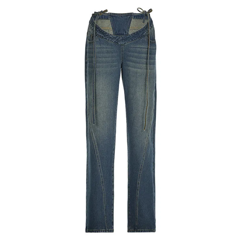Women's High-Waisted Jeans with V-Shaped Straps, Design Sense, Loose Straight Tube, Versatile. C-241029-1
