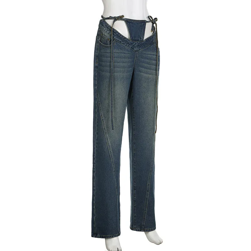 Women's High-Waisted Jeans with V-Shaped Straps, Design Sense, Loose Straight Tube, Versatile. C-241029-1