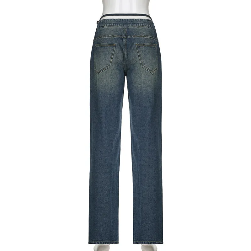 Women's High-Waisted Jeans with V-Shaped Straps, Design Sense, Loose Straight Tube, Versatile. C-241029-1