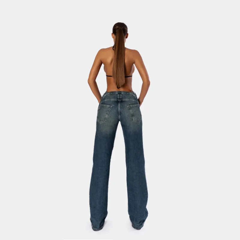 Women's High-Waisted Jeans with V-Shaped Straps, Design Sense, Loose Straight Tube, Versatile. C-241029-1