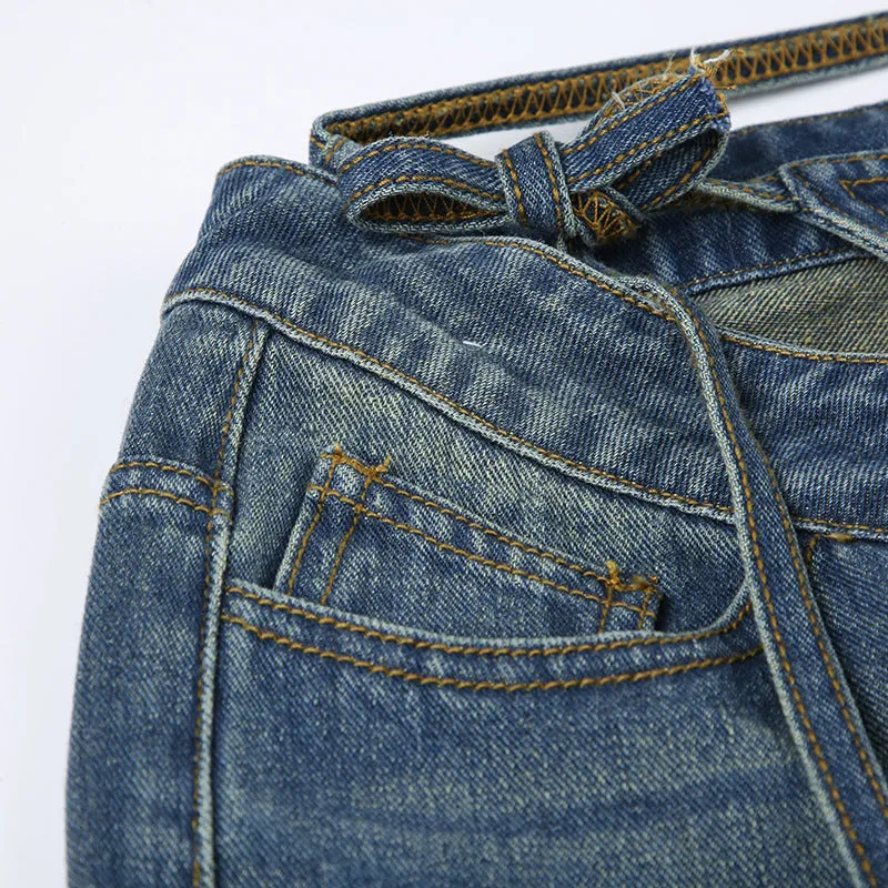 Women's High-Waisted Jeans with V-Shaped Straps, Design Sense, Loose Straight Tube, Versatile. C-241029-1