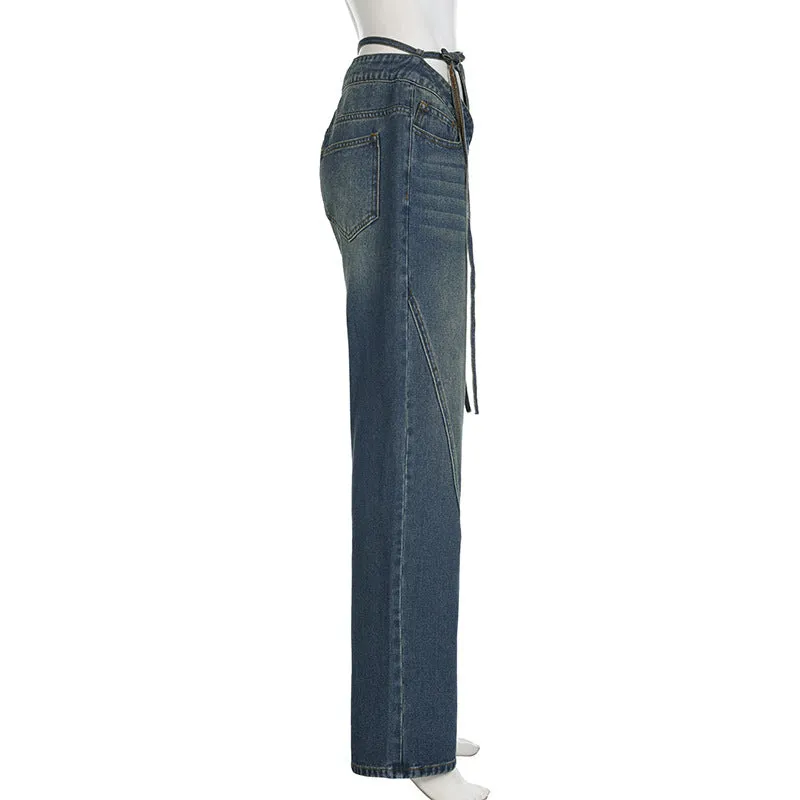Women's High-Waisted Jeans with V-Shaped Straps, Design Sense, Loose Straight Tube, Versatile. C-241029-1
