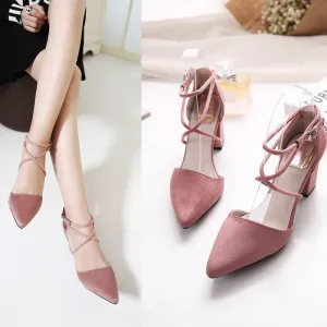 womens pumps Ladies shoes high square heels buckle strap flock shoes