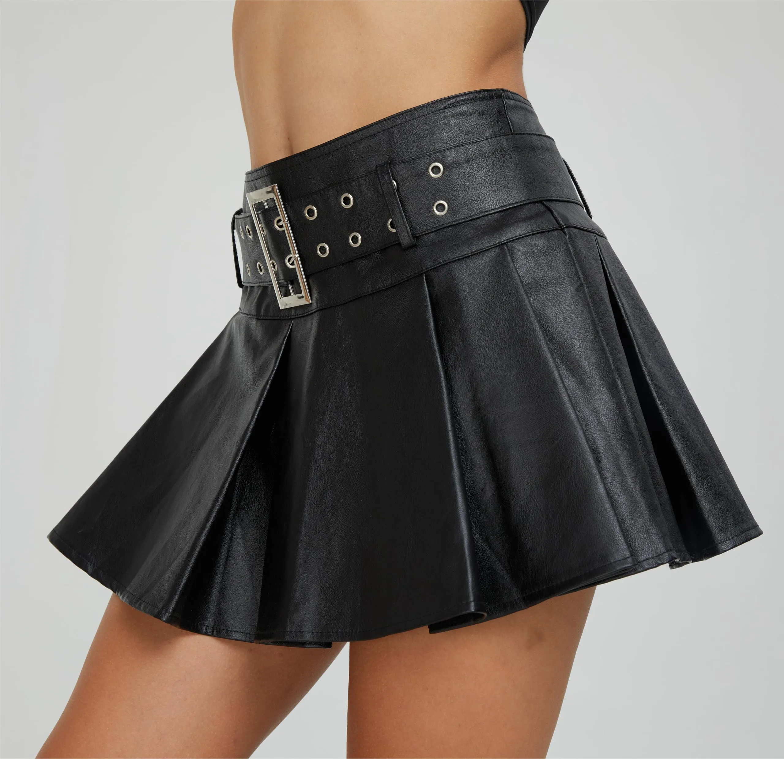 Y2K Mini Skirt Buckle Belted High Waisted Pleated Flare PU Faux Leather Short Goth Skirts for Women