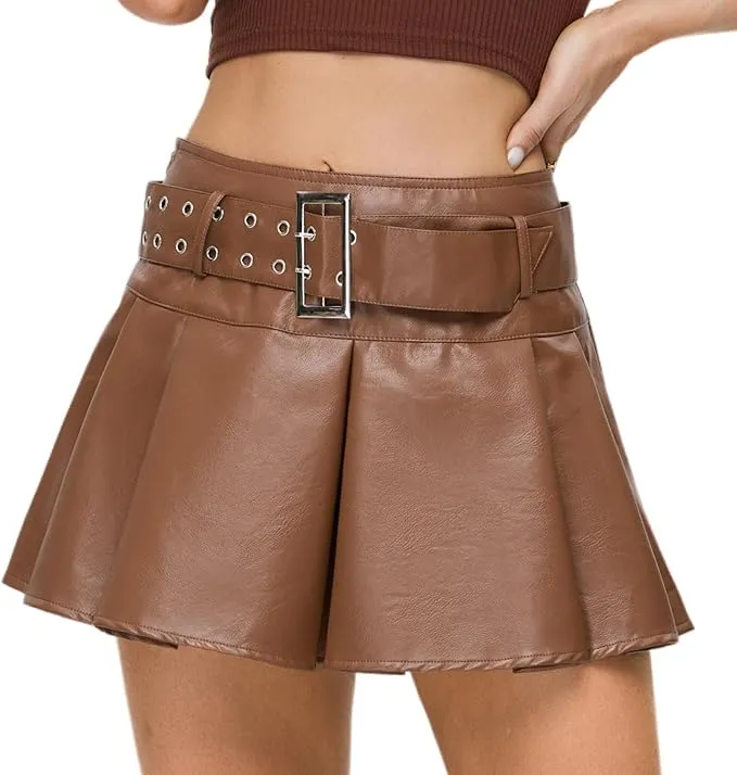 Y2K Mini Skirt Buckle Belted High Waisted Pleated Flare PU Faux Leather Short Goth Skirts for Women
